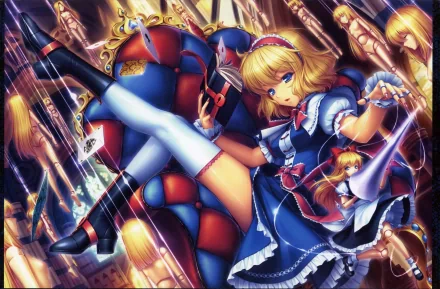 book headband blue eyes blonde blue dress dress boots thigh highs Alice Margatroid Anime Touhou HD Desktop Wallpaper | Background Image