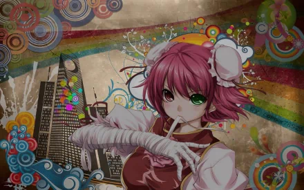 HD anime desktop wallpaper featuring Kasen Ibaraki from Touhou, showcasing her with vibrant colors and a detailed urban background.