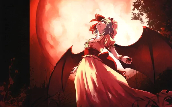 A striking 4K Ultra HD anime wallpaper featuring Remilia Scarlet, a vampire with white hair and red eyes, dressed in a flowing red gown under a full moon, showcasing her wings.
