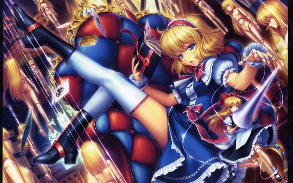 book headband blue eyes blonde blue dress dress boots thigh highs Alice Margatroid Anime Touhou HD Desktop Wallpaper | Background Image