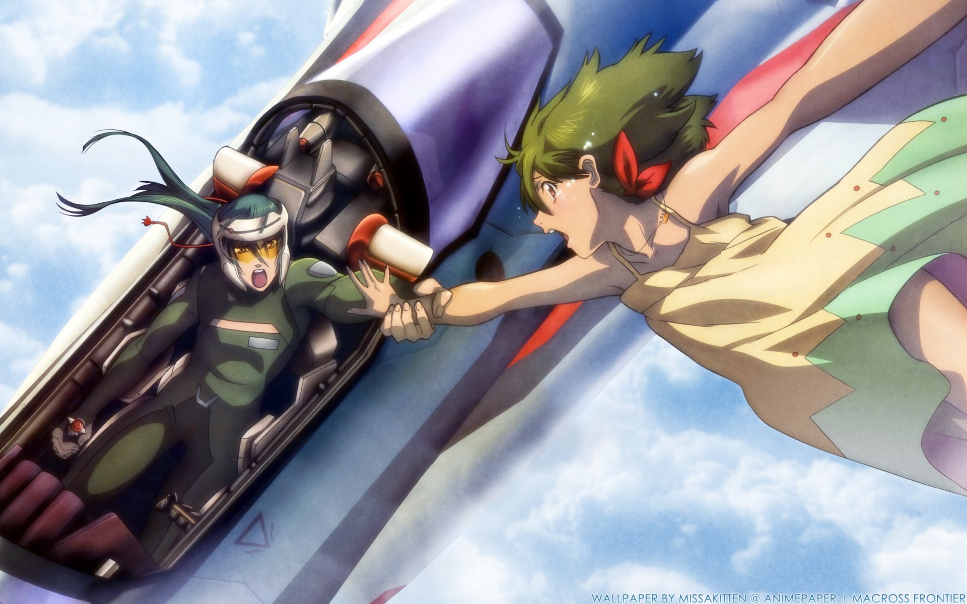 Macross Frontier 2K Quad HD PC desktop wallpaper: VF-25F Messiah pilot in cockpit reaching out as a girl floats beside the fighter against a cloudy sky.
