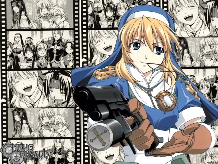 HD PC desktop wallpaper featuring a vibrant anime character from Chrono Crusade, with filmstrip panels of black-and-white scenes in the background.