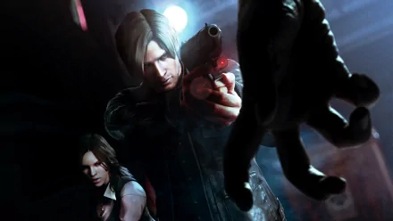 HD PC desktop wallpaper featuring Helena Harper and Leon S. Kennedy from the video game Resident Evil 6, with Leon aiming a gun in a dark, intense scene.