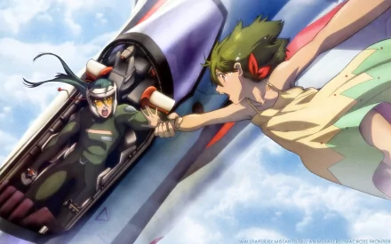 Macross Frontier 2K Quad HD PC desktop wallpaper: VF-25F Messiah pilot in cockpit reaching out as a girl floats beside the fighter against a cloudy sky.