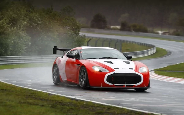 HD PC desktop wallpaper/background: red-and-white sports car (vehicle) skidding through rain on a curving racetrack, spray trailing behind.