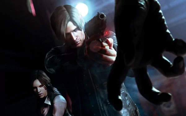 HD PC desktop wallpaper featuring Helena Harper and Leon S. Kennedy from the video game Resident Evil 6, with Leon aiming a gun in a dark, intense scene.