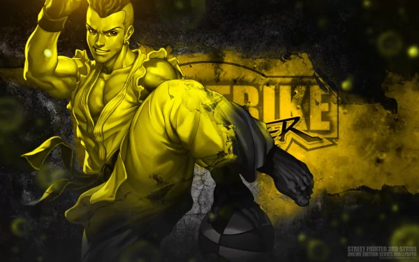 Yellow-tinted Street Fighter video game character delivering a flying kick, 2K Quad HD PC desktop wallpaper and background with grunge texture and logo.