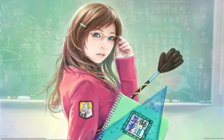 A fantasy-themed HD wallpaper featuring a young woman with glasses, holding a notebook and pencil, set against a classroom backdrop.