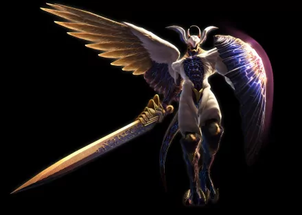 Devil May Cry 4 video game 4K Ultra HD PC desktop wallpaper: imposing winged, armored angelic warrior with glowing sword on a black background.