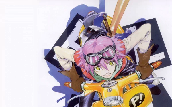 A vibrant HD wallpaper featuring Haruko Haruhara from the anime FLCL, showcasing her dynamic pose atop a yellow scooter with a playful background.