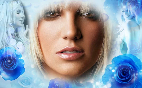A vibrant HD desktop wallpaper featuring Britney Spears, surrounded by soft blue tones and roses, capturing her iconic presence in music.