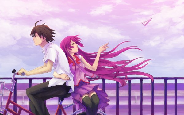 Anime Monogatari (Series) Bakemonogatari Koyomi Araragi Hitagi Senjōgahara Bicicleta Paper Plane Long Hair Purple Hair Skirt Thigh Highs Brown Hair Fondo de pantalla HD | Fondo de Escritorio