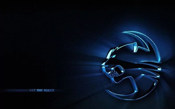 HD PC desktop wallpaper featuring a glowing blue Roccat logo on a dark background with the phrase Set the Rules, emphasizing technology and gaming.