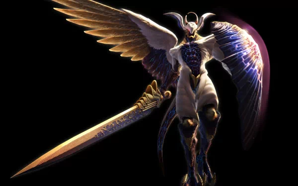 Devil May Cry 4 video game 4K Ultra HD PC desktop wallpaper: imposing winged, armored angelic warrior with glowing sword on a black background.