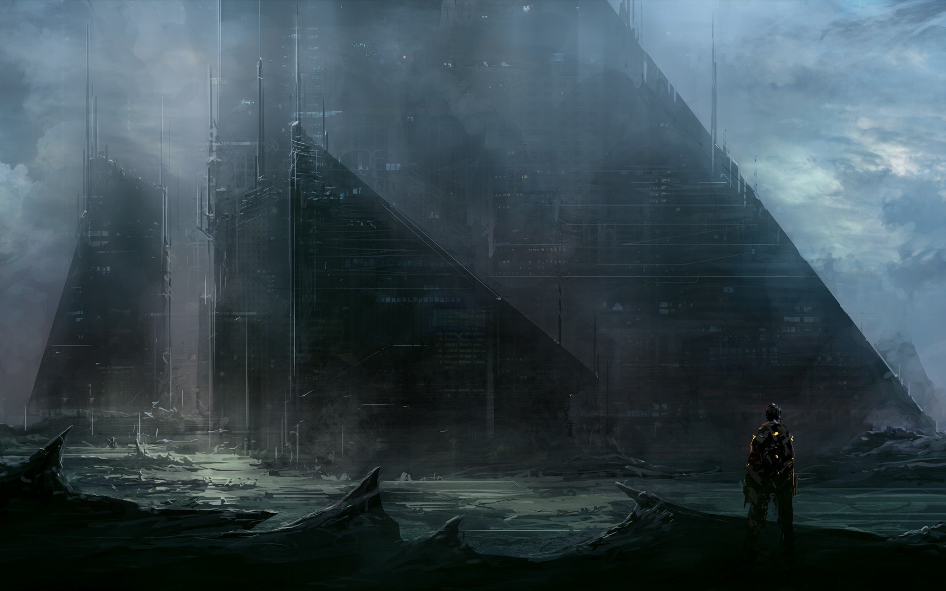 HD desktop wallpaper featuring a dark, futuristic sci-fi cityscape with towering structures and a lone figure gazing at the massive architecture amidst a misty, mysterious atmosphere.