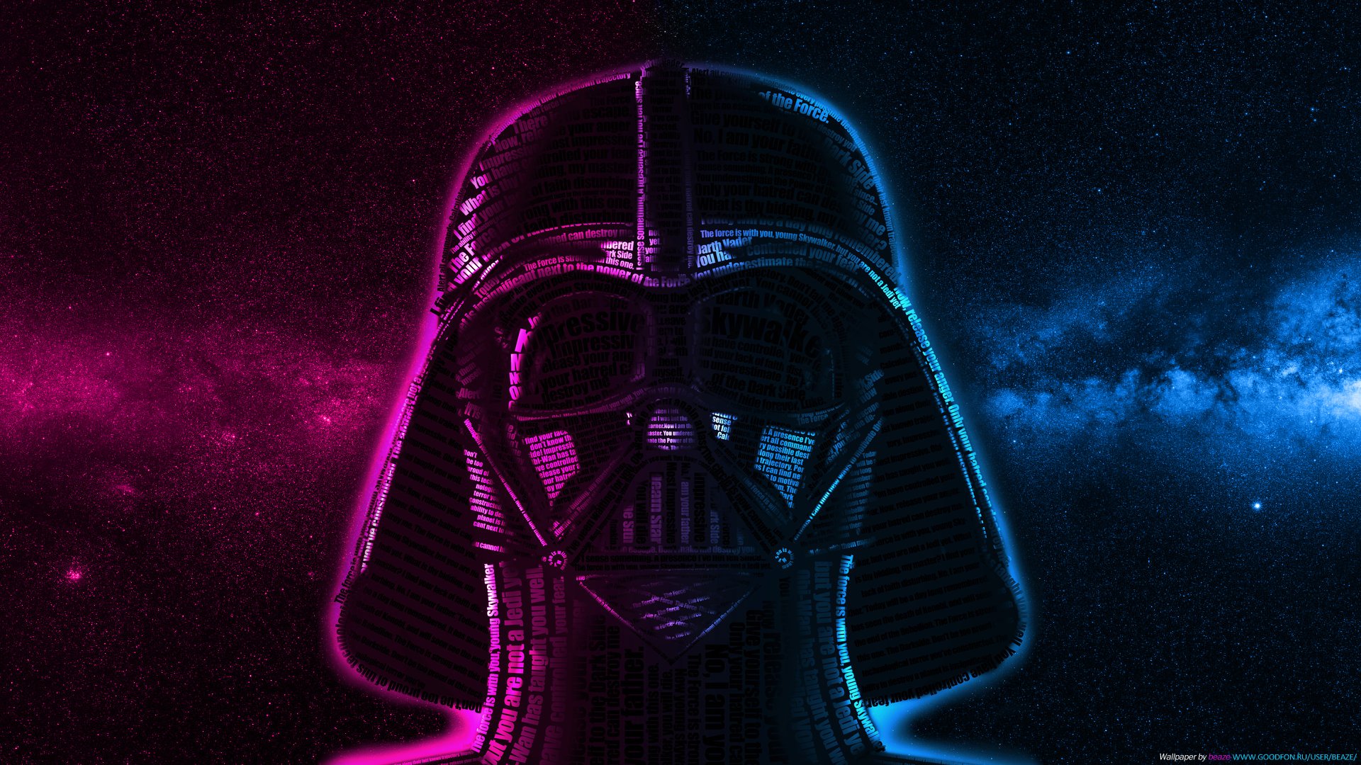 HD PC desktop wallpaper featuring a close-up of Darth Vader’s helmet with glowing pink and blue sci-fi lighting, inspired by Star Wars.