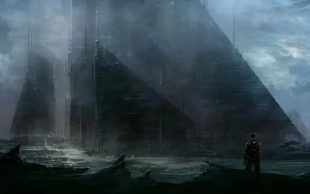 HD desktop wallpaper featuring a dark, futuristic sci-fi cityscape with towering structures and a lone figure gazing at the massive architecture amidst a misty, mysterious atmosphere.