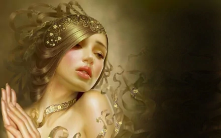 A fantasy-themed HD desktop wallpaper featuring a woman with flowing hair adorned in intricate jewelry, exuding an ethereal and captivating presence.
