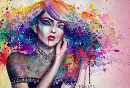 Vibrant 4K Ultra HD artistic wallpaper featuring a trippy, colorful portrait of a woman with splashes of paint blending into the background.