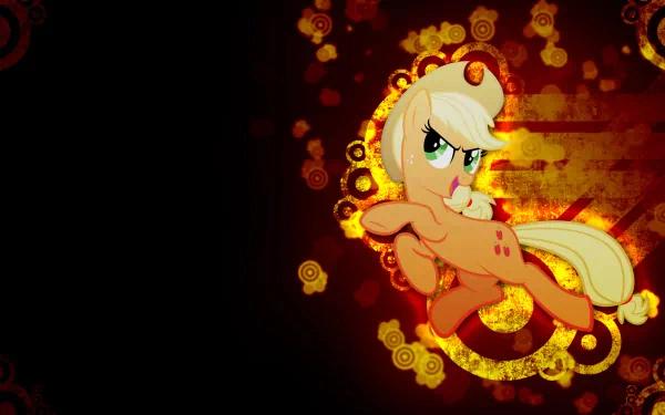 HD wallpaper featuring Applejack from My Little Pony: Friendship Is Magic, set against a magical black and orange floral background. A vibrant and enchanting design for fans.