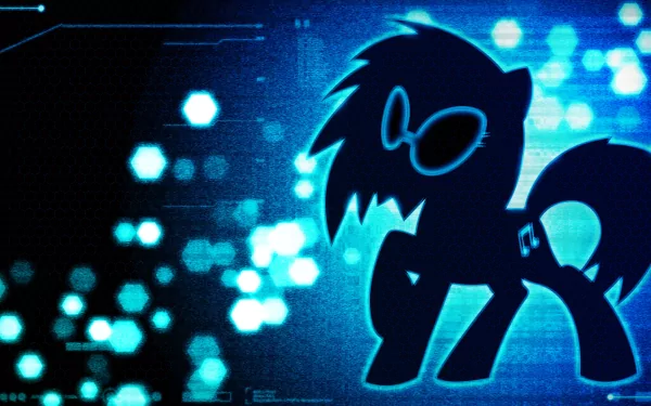Silhouette of DJ Pon-3 (Vinyl Scratch) from My Little Pony: Friendship Is Magic in a glowing blue geometric vector style against a bright hexagonal bokeh background.