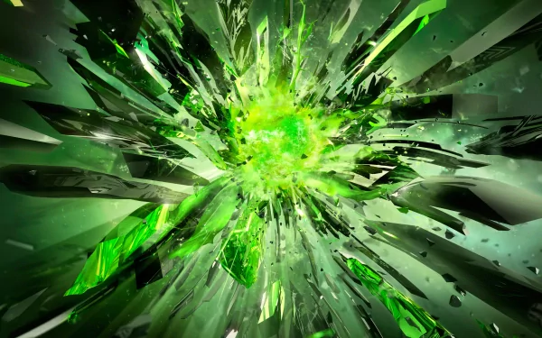 4K Ultra HD PC desktop wallpaper: vivid green Nvidia-inspired technological explosion, shards and light bursting from a glowing core.