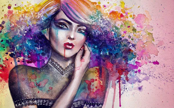 Vibrant 4K Ultra HD artistic wallpaper featuring a trippy, colorful portrait of a woman with splashes of paint blending into the background.