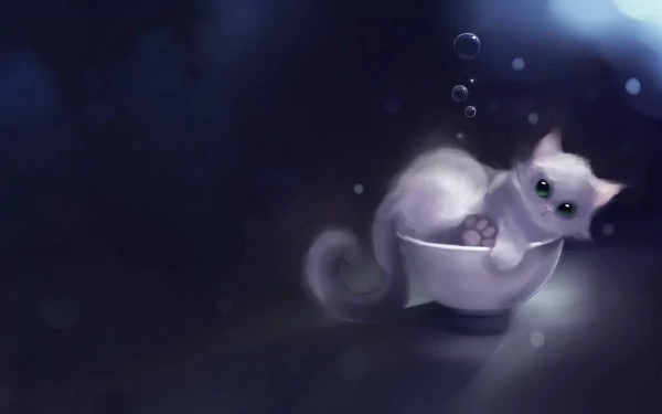 Artistic HD desktop wallpaper featuring a cute kitten floating playfully in a bowl underwater with bubbles rising around it.