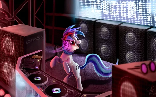 HD desktop wallpaper featuring DJ Pon-3 (Vinyl Scratch) from My Little Pony: Friendship Is Magic performing as a DJ in a vibrant club setting.