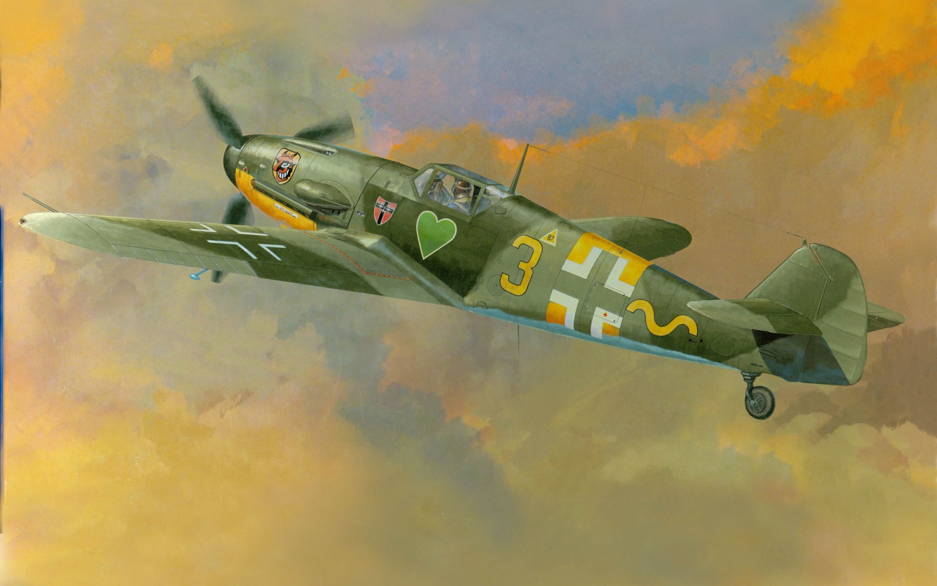 HD desktop wallpaper of a military Messerschmitt Bf 109 fighter plane flying through a vibrant, cloudy sky.
