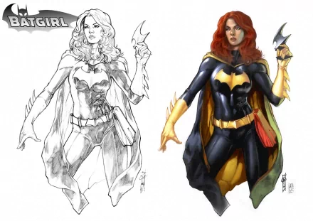 An HD desktop wallpaper featuring Batgirl, showcasing both a sketched and a colored version of the iconic character in dynamic poses.