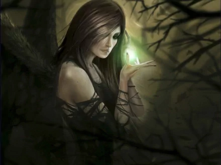 HD fantasy desktop wallpaper featuring a mysterious angel with dark wings, holding a glowing green light in a misty, shadowy forest.