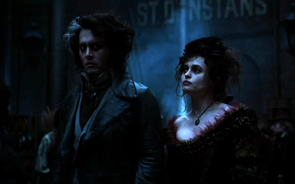 HD desktop wallpaper of two darkly lit Victorian characters from Sweeney Todd: The Demon Barber of Fleet Street in Concert — a brooding barber beside a pale, ornate-dressed woman.