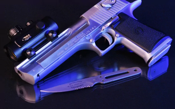 An HD desktop wallpaper showcasing a Desert Eagle handgun and a tactical knife, both positioned against a reflective surface with striking blue lighting.