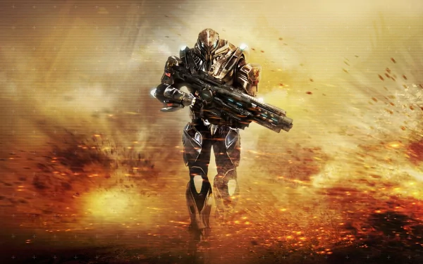 HD desktop wallpaper depicting a heavily armored soldier from the video game Section 8 advancing through a fiery, battle-scarred environment.