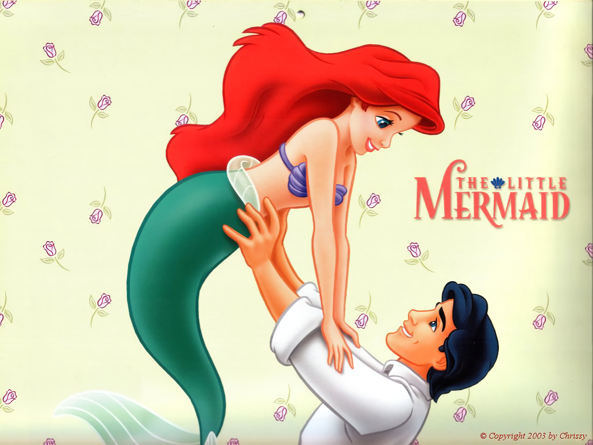 Disney's Ariel and Prince Eric, surrounded by vibrant colors, share a tender moment in this Little Mermaid wallpaper.