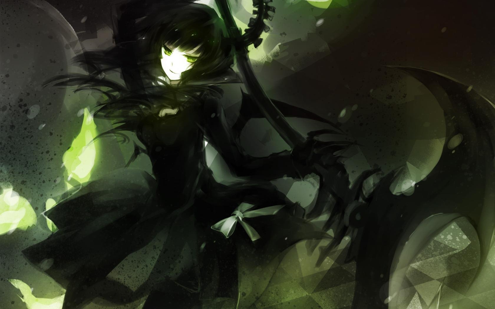 HD PC desktop wallpaper featuring Dead Master from the anime Black Rock Shooter, with dark tones and glowing green accents in a dynamic, shadowy composition.