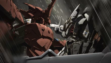 HD PC desktop wallpaper/background — Anime: Broken Blade. Two giant mechs, one red and one white, clash in a rain-soaked close-combat scene with sparks and motion blur.