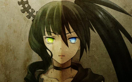 HD PC desktop wallpaper of Dead Master (Black Rock Shooter): anime close-up with mismatched green and blue eyes, dark hair and a horned headpiece.