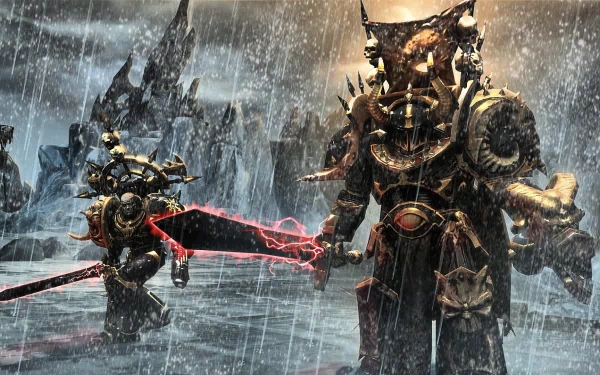 HD PC desktop wallpaper from the video game Dawn of War, featuring armored warriors in a stormy, war-torn battlefield with dramatic lighting and intense rain effects.