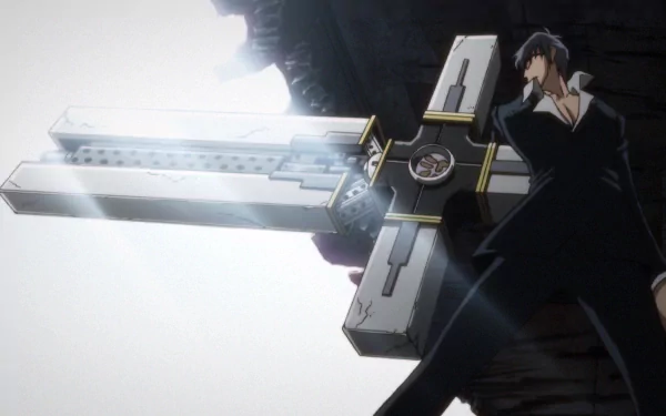 HD anime desktop wallpaper featuring a dramatic low-angle view of Vash the Stampede from Trigun holding his iconic large silver gun.