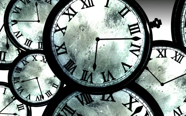 HD desktop wallpaper and background featuring clocks with Roman numerals, inspired by the anime Steins;Gate.