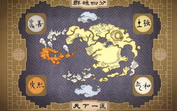 An HD desktop wallpaper featuring the iconic map from *Avatar: The Last Airbender*, showcasing the Four Nations: Water, Earth, Fire, and Air with intricate detailing.