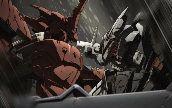 HD PC desktop wallpaper/background — Anime: Broken Blade. Two giant mechs, one red and one white, clash in a rain-soaked close-combat scene with sparks and motion blur.