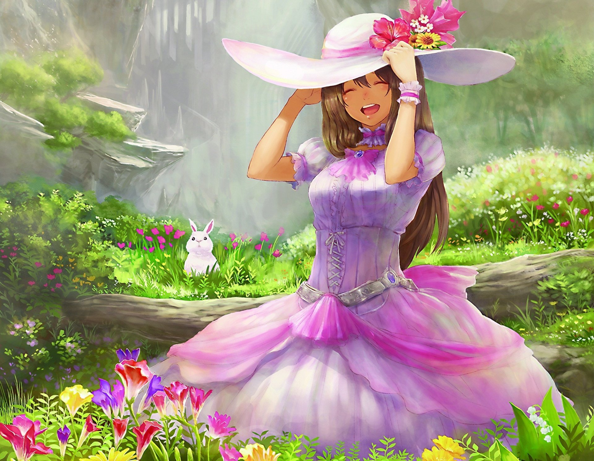 A cheerful woman in a pink dress and wide-brimmed hat smiles while sitting in a vibrant, flower-filled meadow, with a curious rabbit nearby, amidst a serene natural backdrop.