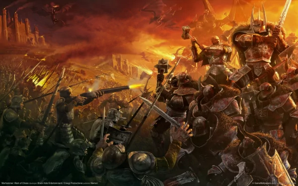 A dynamic Warhammer-themed HD PC desktop wallpaper featuring an epic battle scene, with armored warriors clashing against a fiery background.