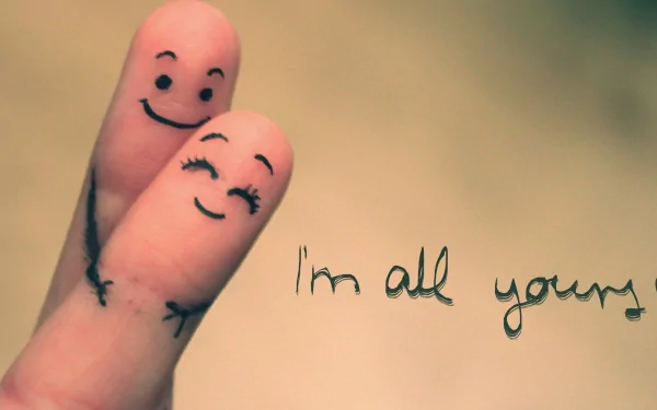 Artistic HD wallpaper depicting two fingers with smiling faces drawn on them, embraced and accompanied by the text I'm all yours, symbolizing love and affection.