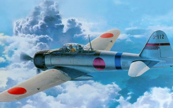 HD desktop wallpaper featuring a Mitsubishi A6M Zero military aircraft flying above the clouds against a bright blue sky.