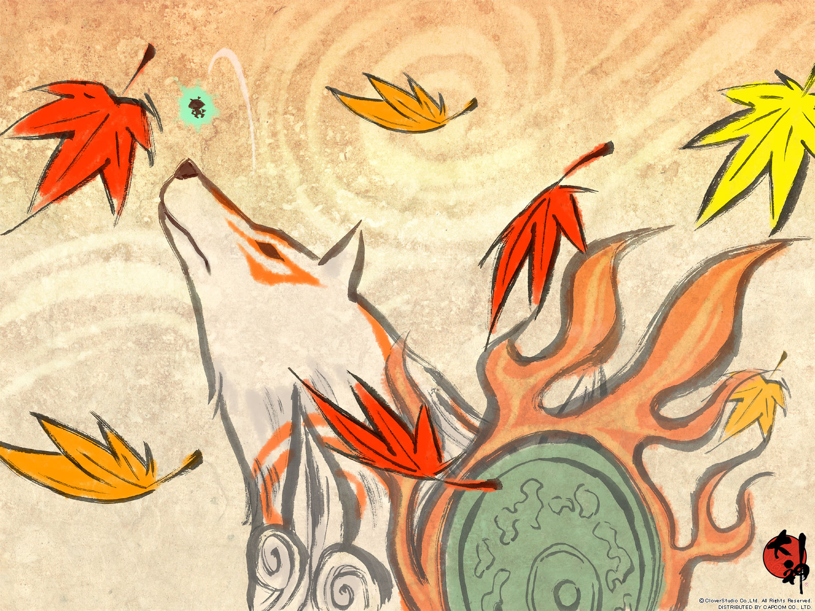 Amaterasu, the wolf goddess in a fall-themed wallpaper.