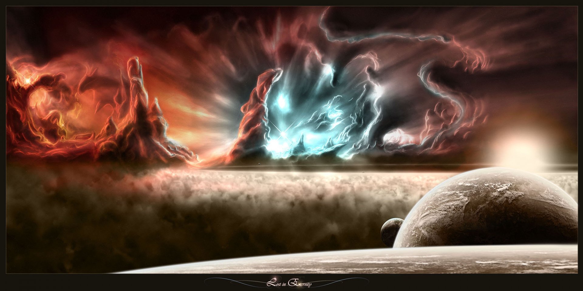 A stunning HD desktop wallpaper showcasing a vibrant sci-fi landscape with colorful clouds and distant planets, immersing you in an otherworldly space scene.